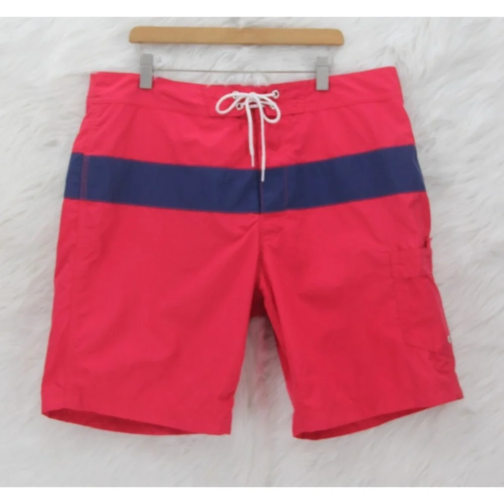 J Crew Men Original Swimwear 34 Red Blue Colorblock Swim Trunks Surf Beach #1480